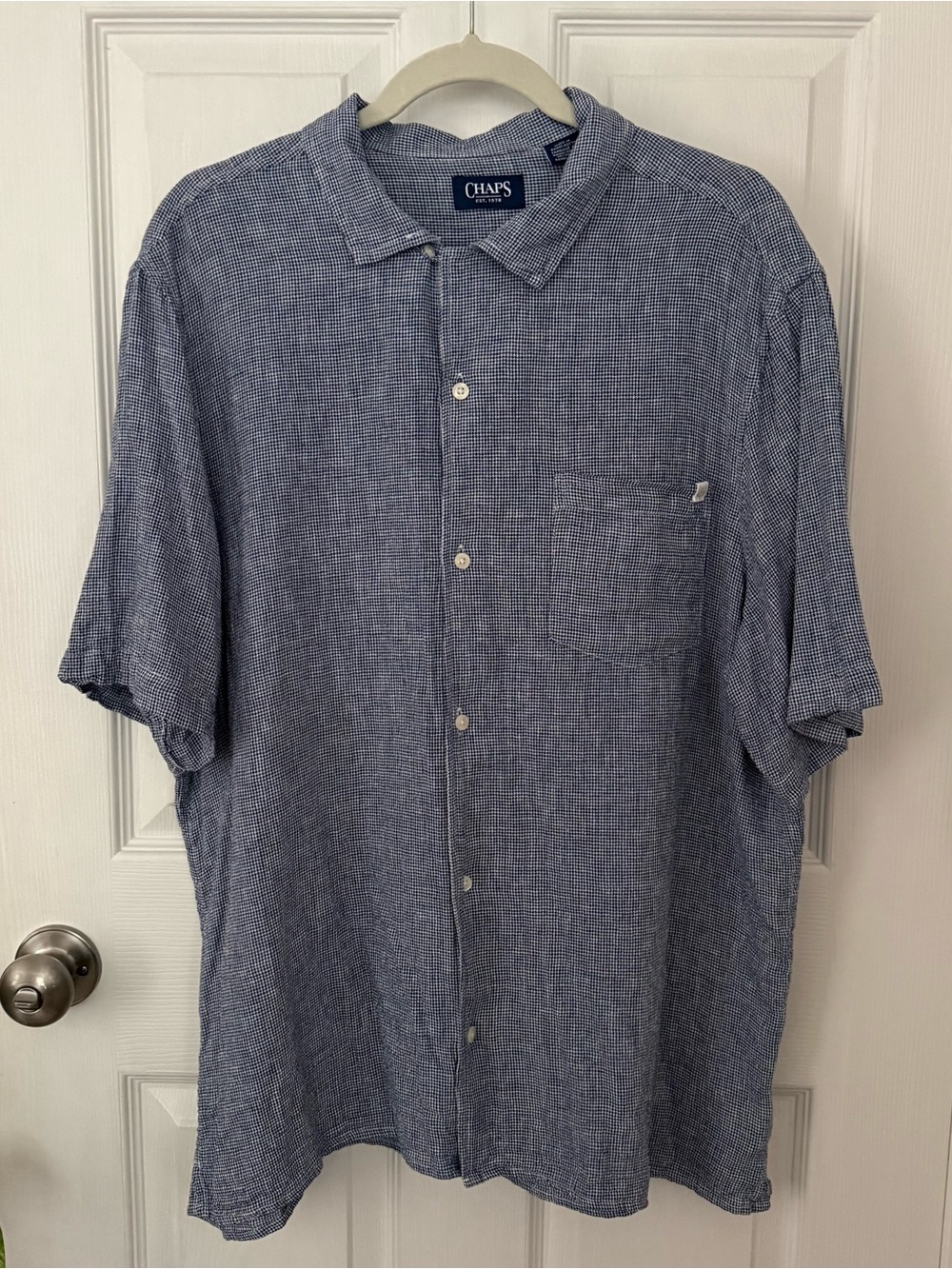 Chaps Men’s Blue White Micro Check Linen Blend Short Sleeve Shirt XL